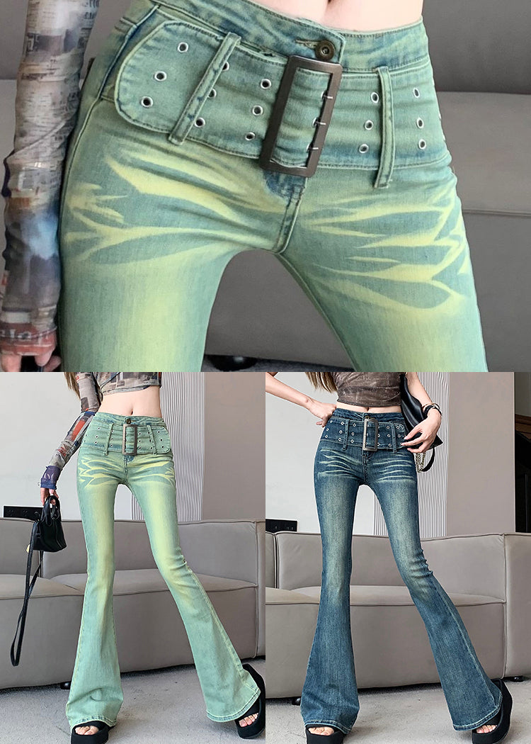 Blue Print Tummy Control Denim Flared Trousers Spring