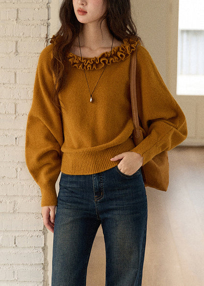 Yellowish Brown Ruffled Knit Sweaters Winter