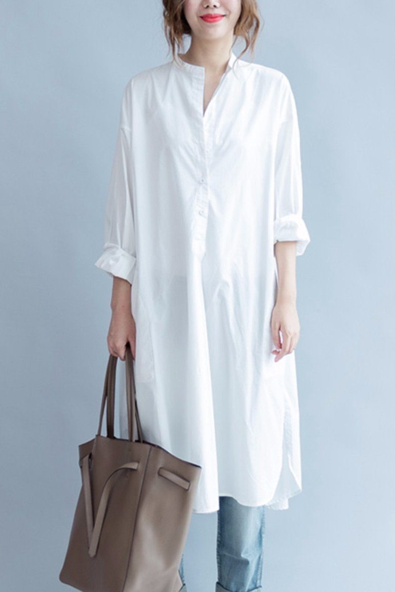 White Cotton Long Shirt Dresses
