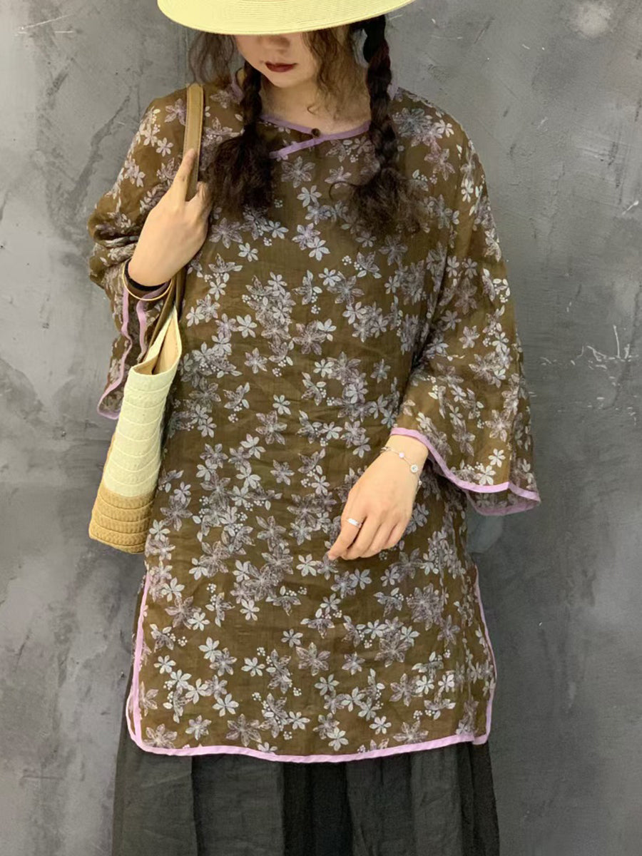 Summer Flower Spliced Long Ramie Shirt