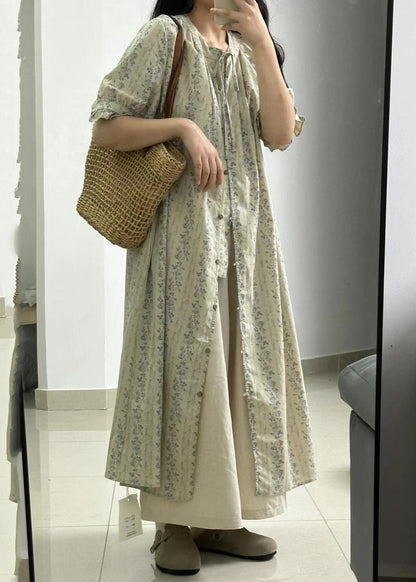 Light Green Print Button Long Dress and Skirts Two Piece Set Short Sleeve