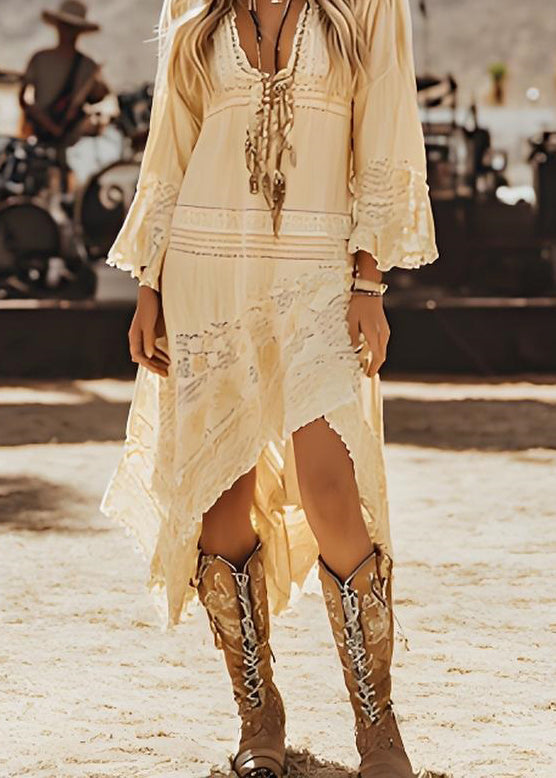 Beige Asymmetrical Lace Patchwork Cotton Dresses Spring