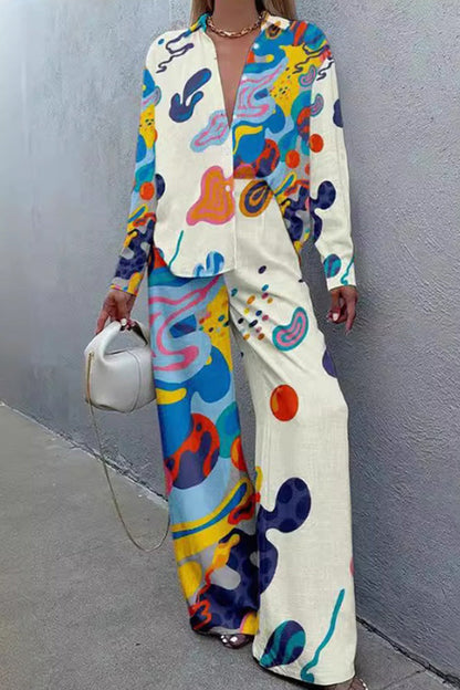 College Geometric Print Contrast Turndown Collar Long Sleeve Two Pieces