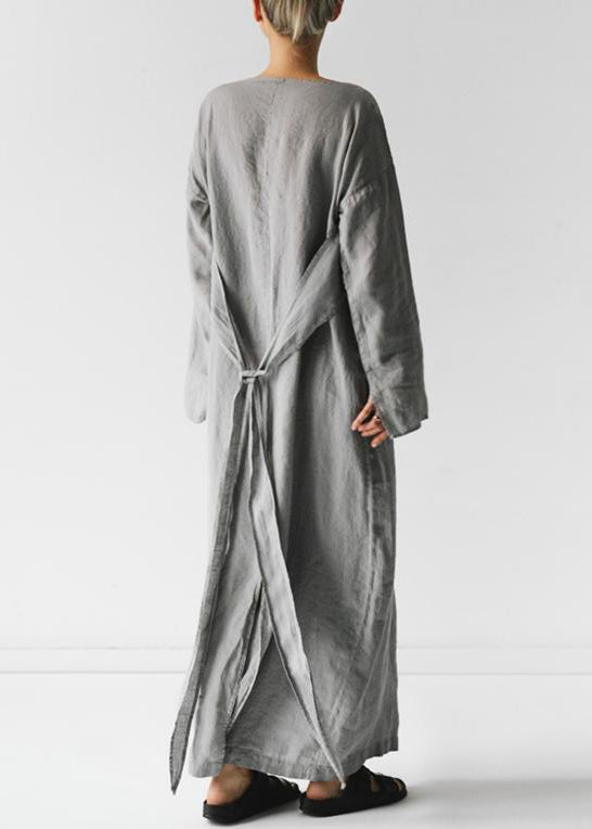 New Grey Tie Waist Cotton Long Dress Long Sleeve