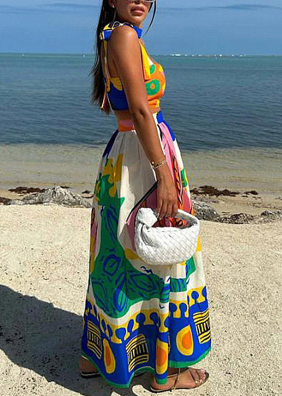 Italian Print Vest and a Line Skirts Two Piece Set Summer
