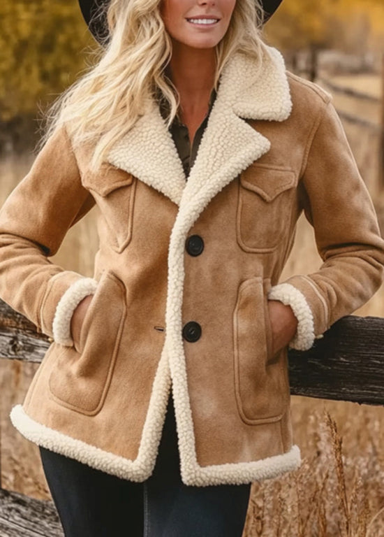 Organic Khaki Peter Pan Collar Faux Suede Fleece Wool Lined Jacket Spring