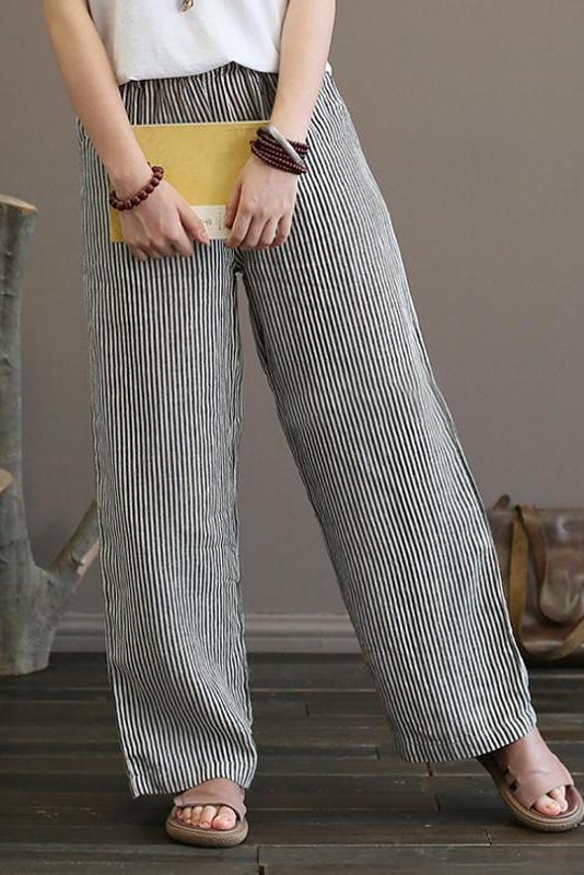 Limited Stock- 100% Linen Straight Pants for Black Stripe