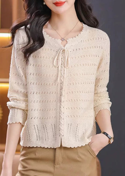 Red O Neck Hollow Out Lace Up Knit Shirt Top Fall