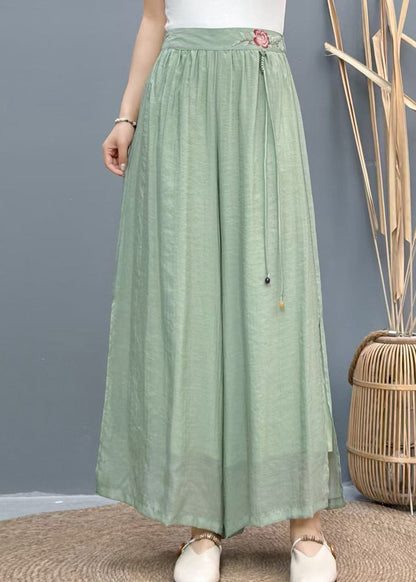 White Embroidered Side Open Linen Wide Leg Pants Summer