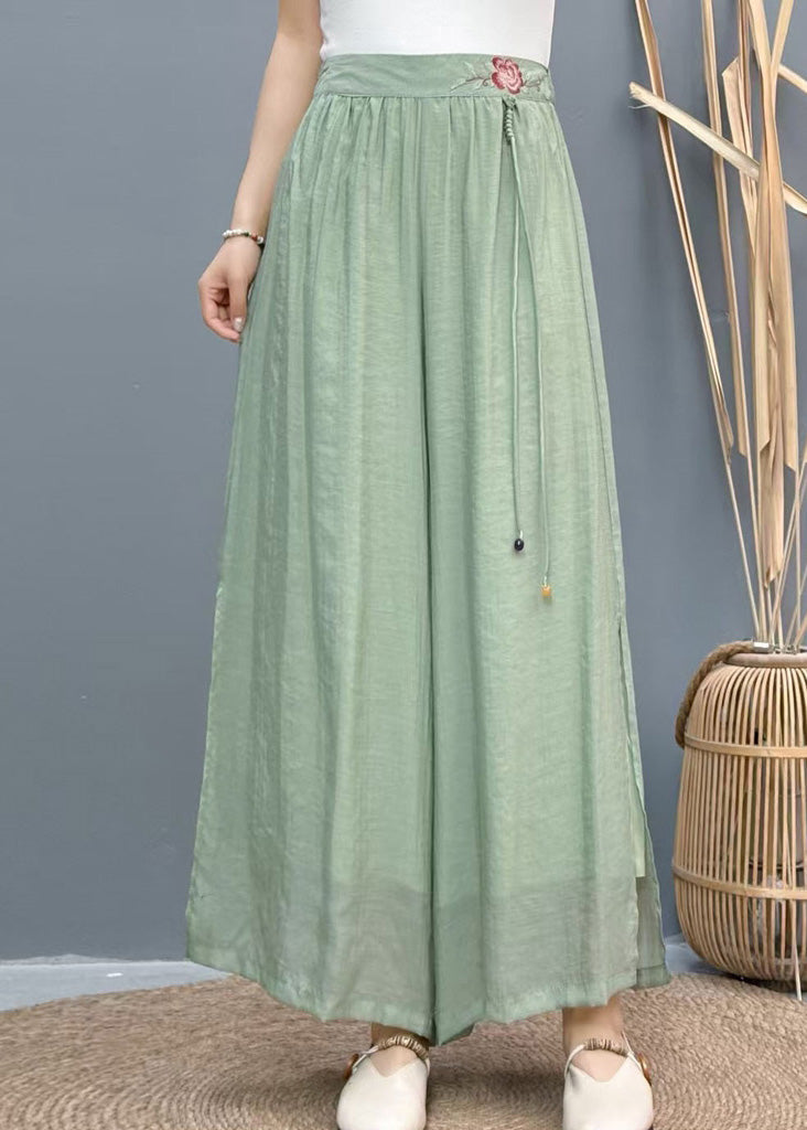 White Embroidered Side Open Linen Wide Leg Pants Summer
