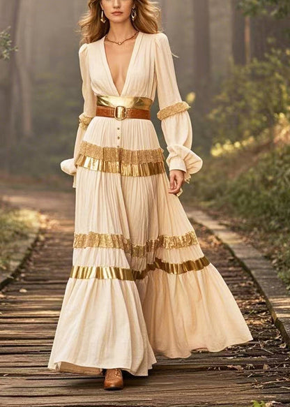 French Beige Deep-v Neck Patchwork Cinched Dresses Lantern Sleeve