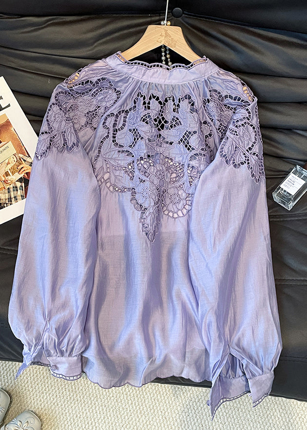 Purple Embroidered Hollow Out Silk Shirt Tops Fall