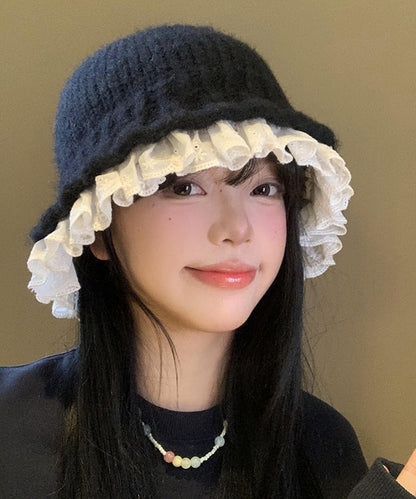 Black Lace Patchwork Knit Bucket Hat
