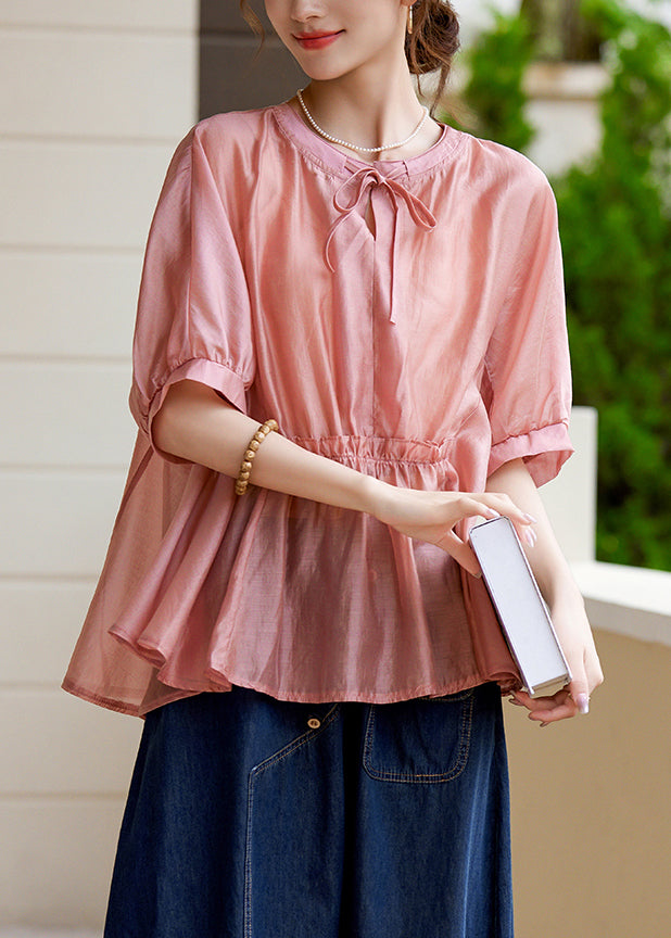 Loose Pink O-neck Patchwork Wrinkled Lace Tie Silk Shirt Summer