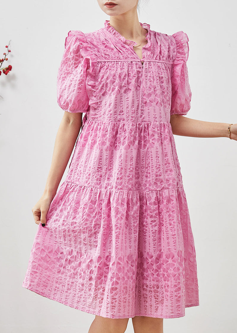 Pink Puff Sleeve Ruffled Wrinkled Day Dress Summer