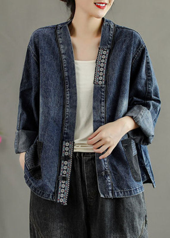 Black Embroidered Pockets Button Patchwork Fall Denim Coat