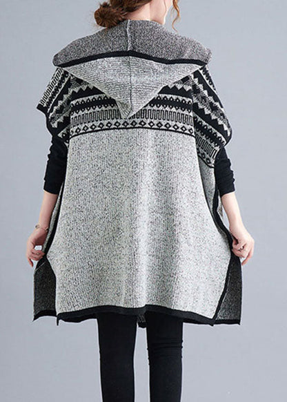 Grey Hooded Short Sleeve Pockets Loose Fall Knit Sweater Cardigans