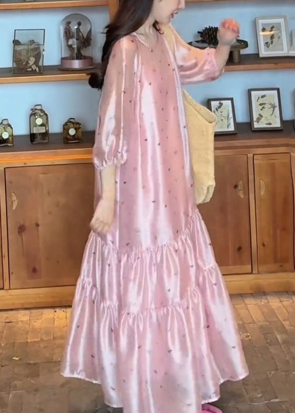 Fine Pink O-neck Print Silk Long Dress Bracelet Sleeve