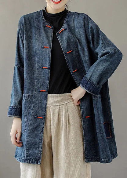 French Blue O-neck Pockets Patchwork Denim Coats Long Sleeve