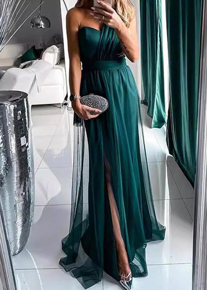 Stylish Blackish Green One Shoulder Backless Tulle Long Dress Summer