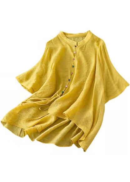 Yellow Stand Collar Asymmetrical Design Shirt Top Half Sleeve