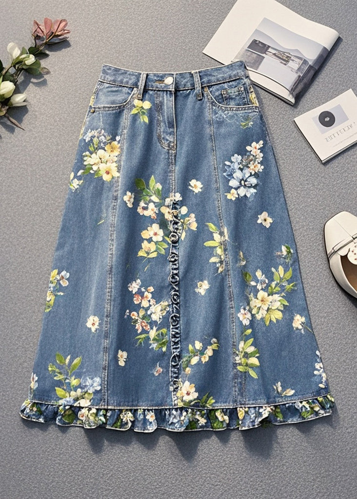 Blue Ruffled Print Denim Skirt Fall