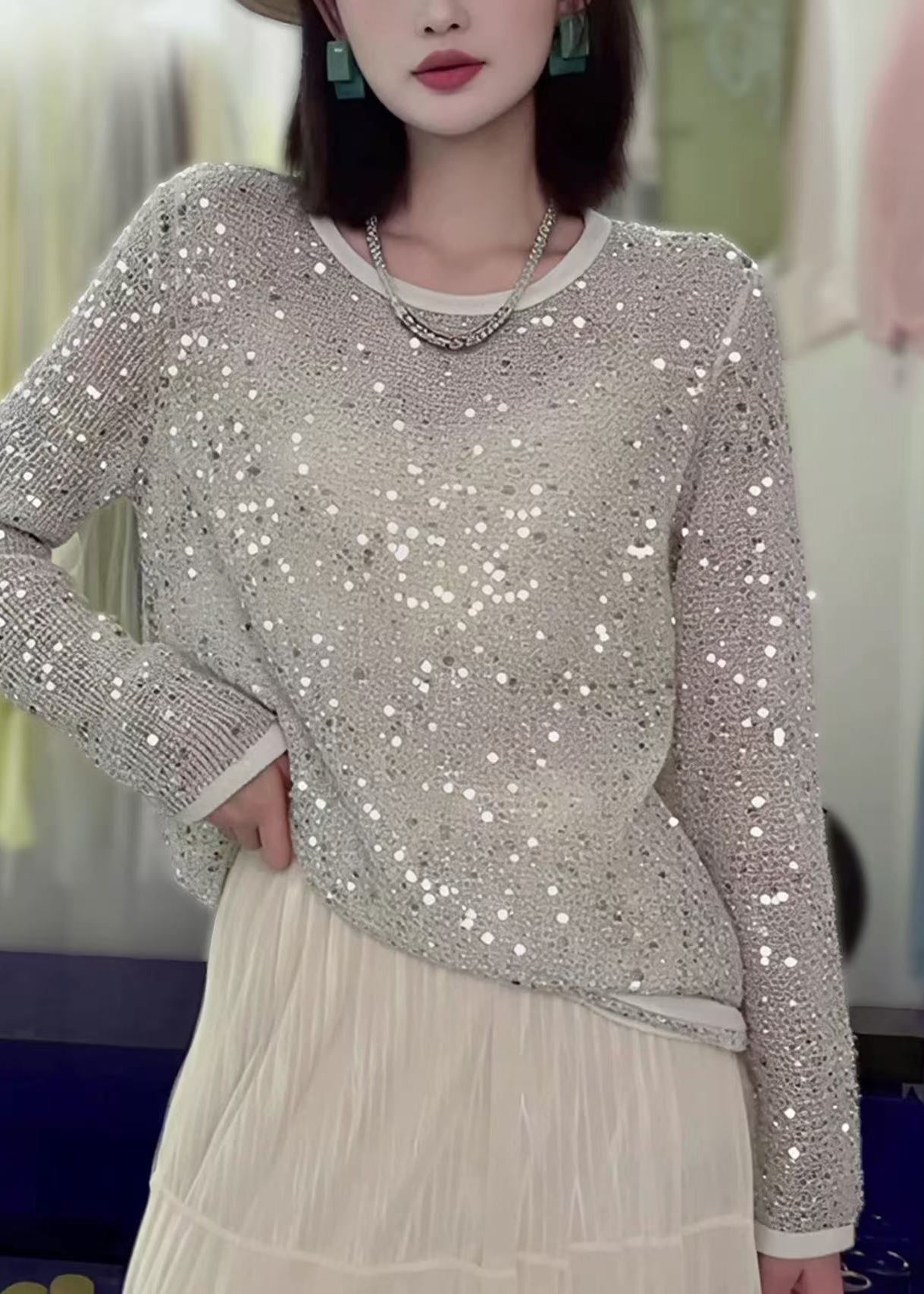 O-neck Sequins Hollow Out Knit Top Fall