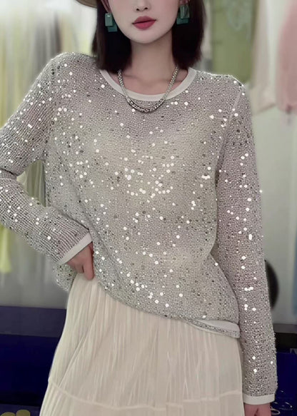 O-neck Sequins Hollow Out Knit Top Fall