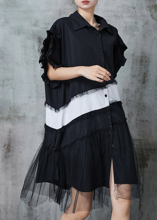 Black Oversized Patchwork Cotton Dress Petal Sleeve