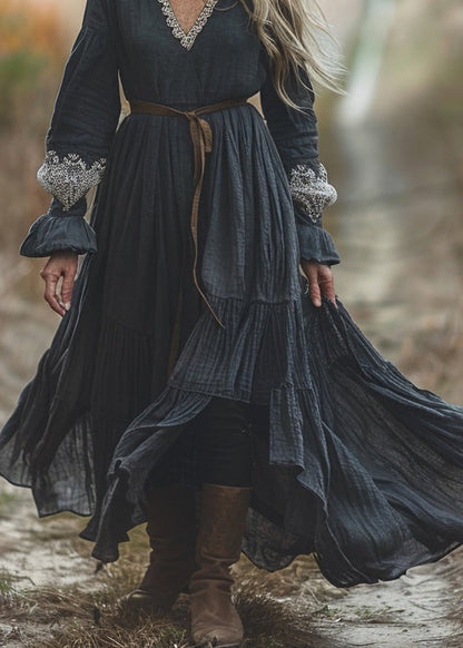 Black V Neck Lace Patchwork Cotton Dresses Spring