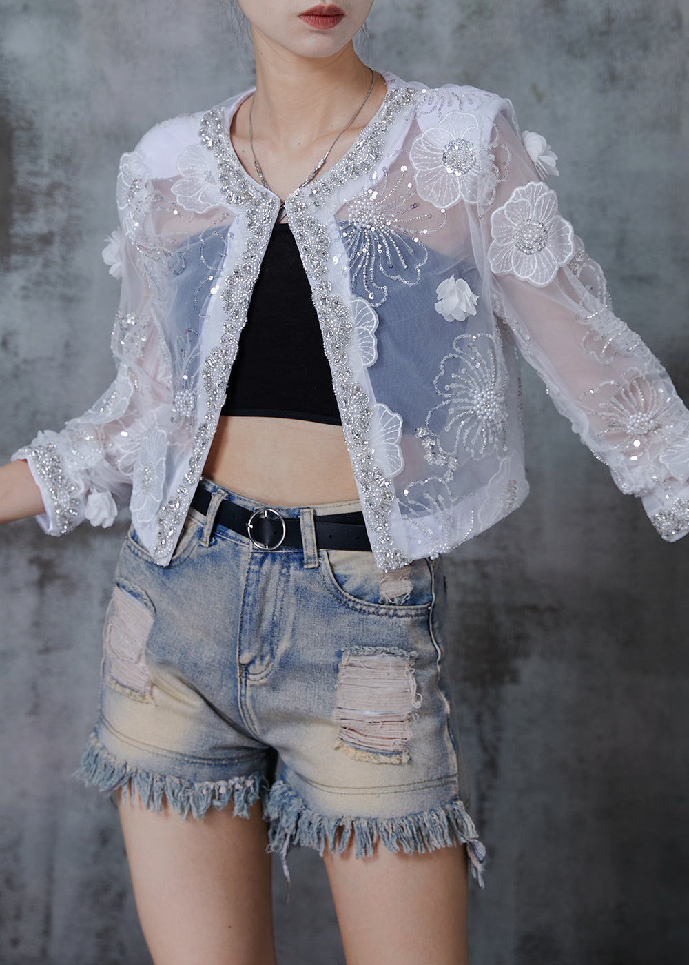 Handmade White Sequins Organza Upf 50+ Cardigan Summer