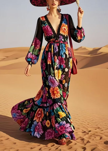 Style Black V Neck Print Cotton Vestidos Dress Spring