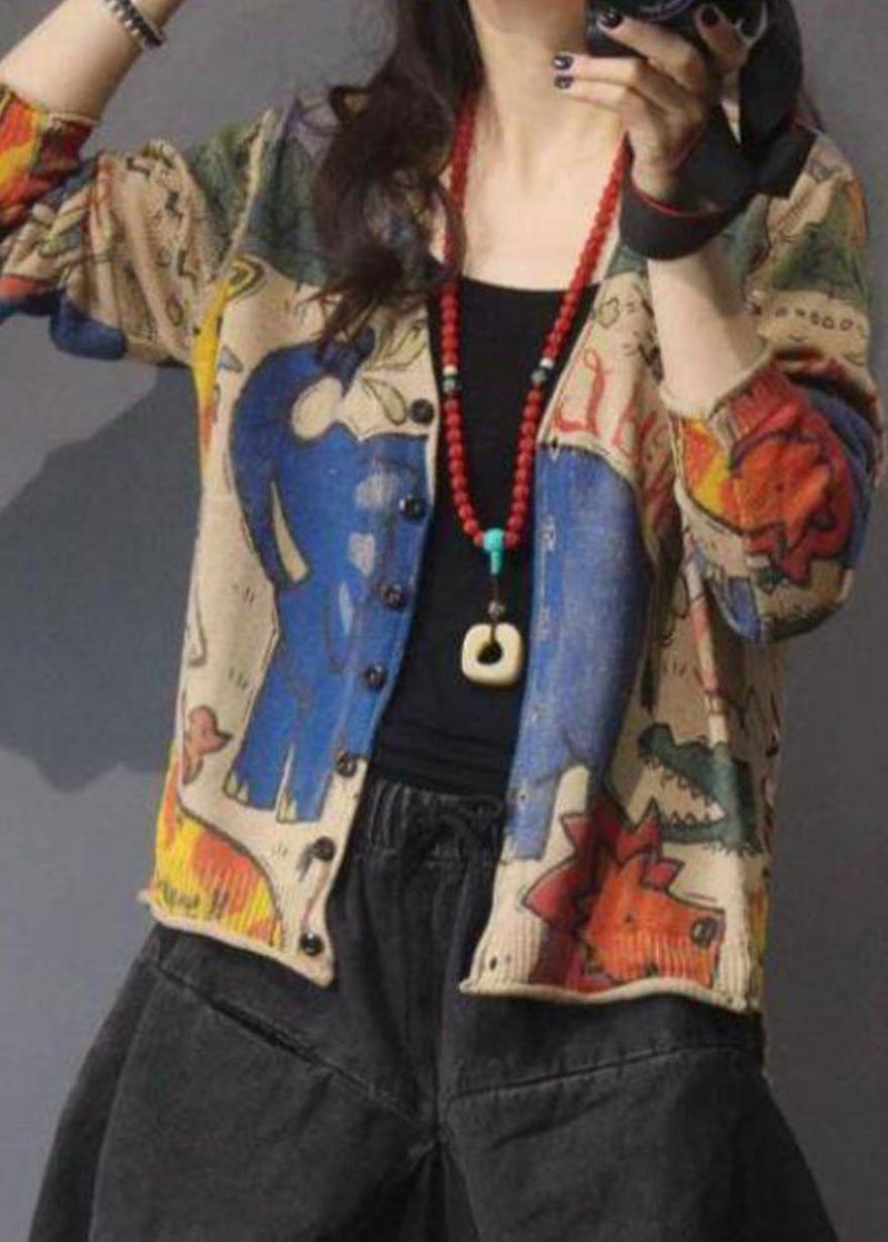 Coffee V Neck Print Button Knit Cardigan Spring