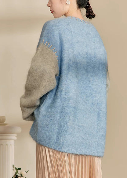 Loose Blue O-neck Patchwork Thick Cotton Knit Sweaters Winter