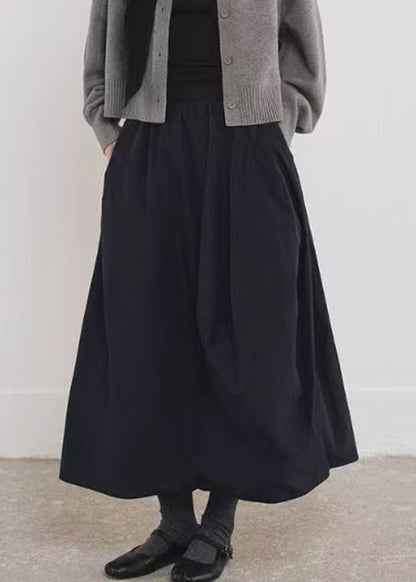 Simple Black Pockets Elastic Waist Cotton a Line Skirts Fall