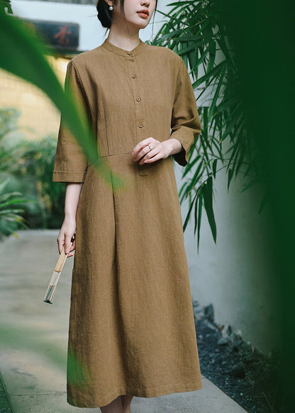 Chinese Style Brown Stand Collar Button Linen Dresses Bracelet Sleeve