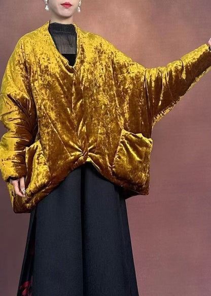 Gold V Neck Pockets Parka Winter