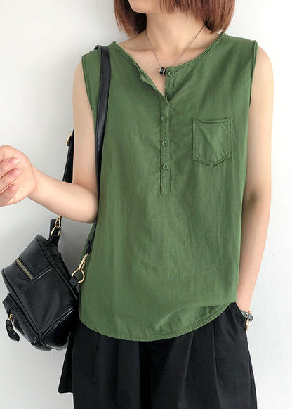 Modern Green O-neck Linen Tops Sleeveless