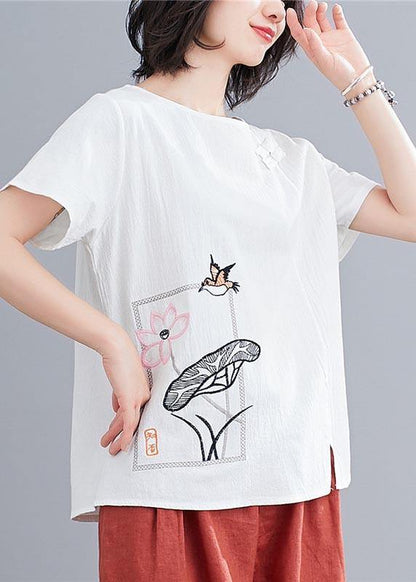 Fitted White Embroidered Lotus Blouse Tops Summer Cotton Linen