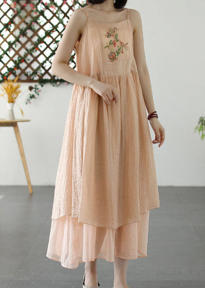 Retro Beige Embroidered Wrinkled Patchwork Long Linen Sundress Summer