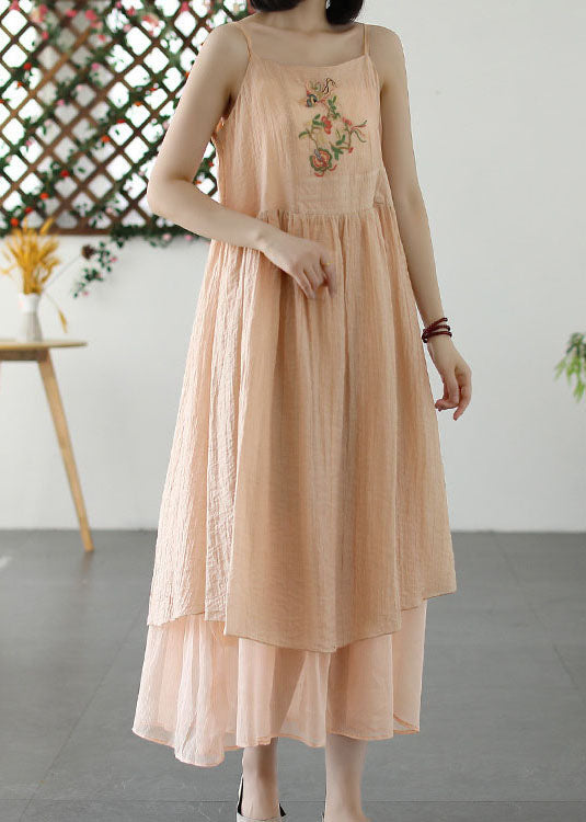 Retro Beige Embroidered Wrinkled Patchwork Long Linen Sundress Summer