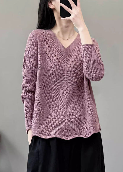 Simple Red V Neck Cotton Knit Sweaters Long Sleeve