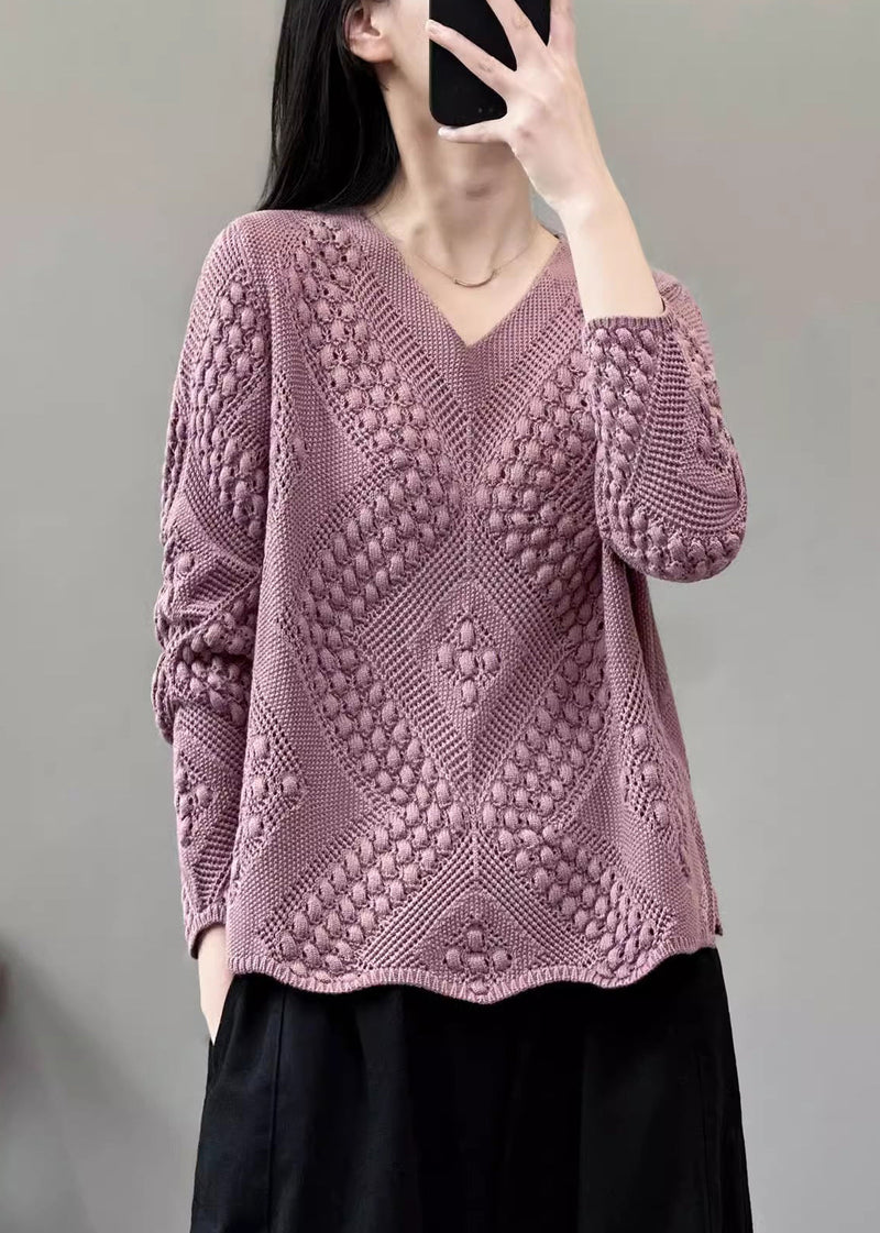Simple Red V Neck Cotton Knit Sweaters Long Sleeve