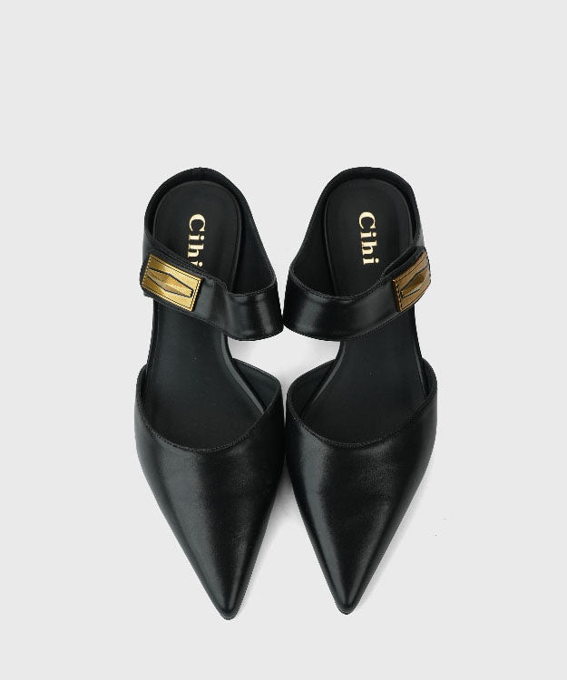 Unique Splicing Kitten Heels Khaki Faux Leather Slide Sandals