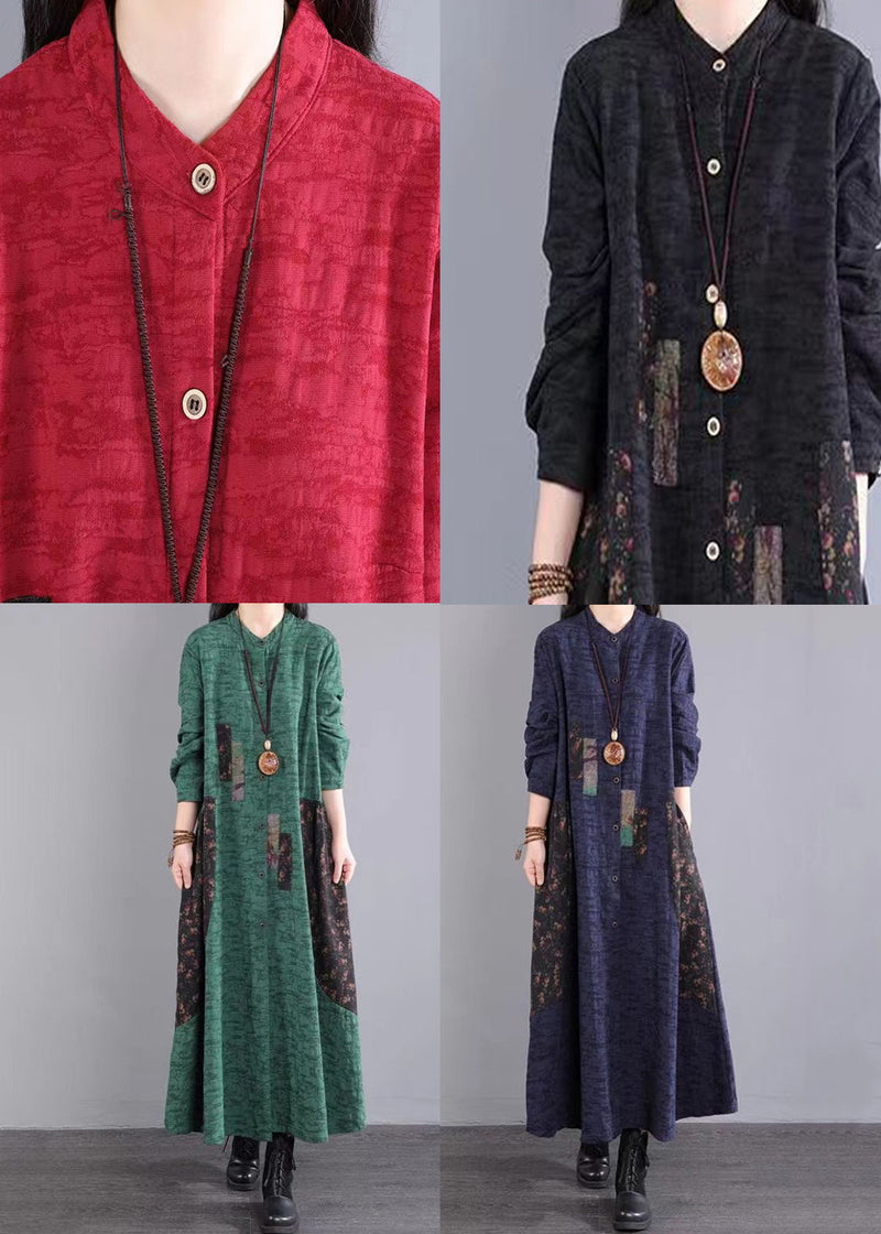 Red Print Pockets Patchwork Cotton Long Dress Button Fall