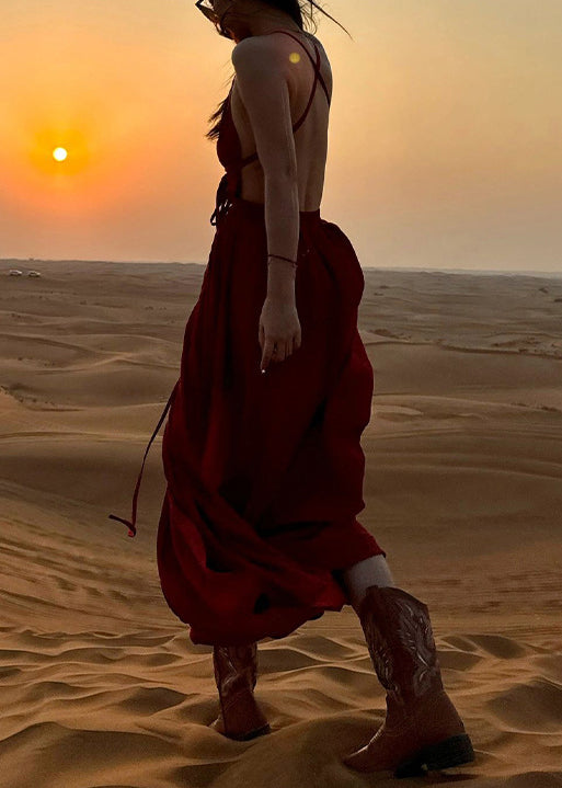 Wine Red V Neck Backless Cotton Spaghetti Strap Dress Sleeveless