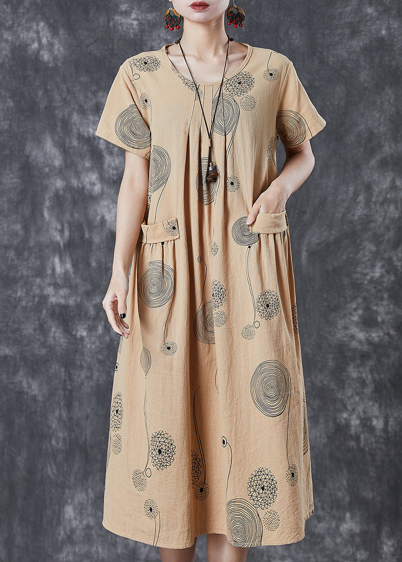 Khaki Print Pockets Cotton Holiday Dress Summer