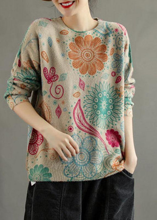 Khaki Retro Print Knitted Sweaters Top