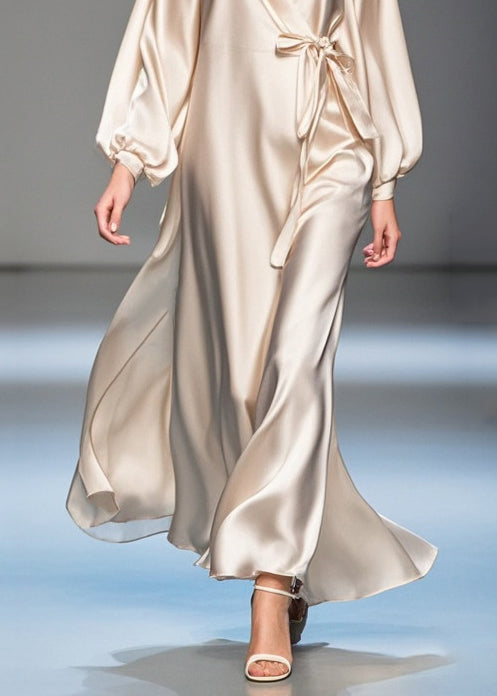 Champagne Cold Shoulder Tie Waist Silk Maxi Dresses Fall