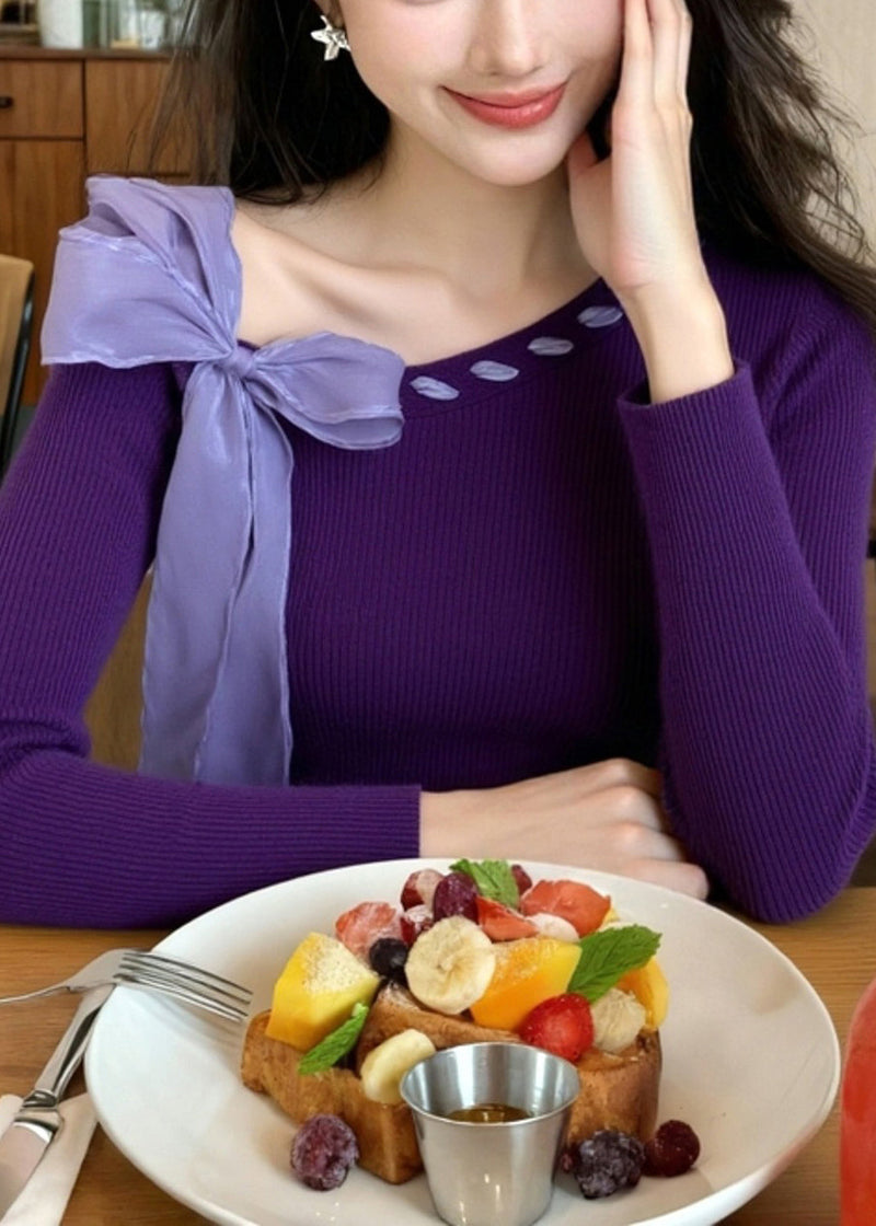 Stylish Purple Bow Knit Sweater Winter